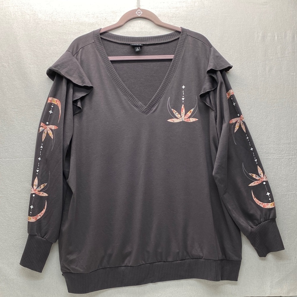 Torrid Lightweight Sweatshirt V Neck Ruffle Shoulders French Terry Lotus Gray 3